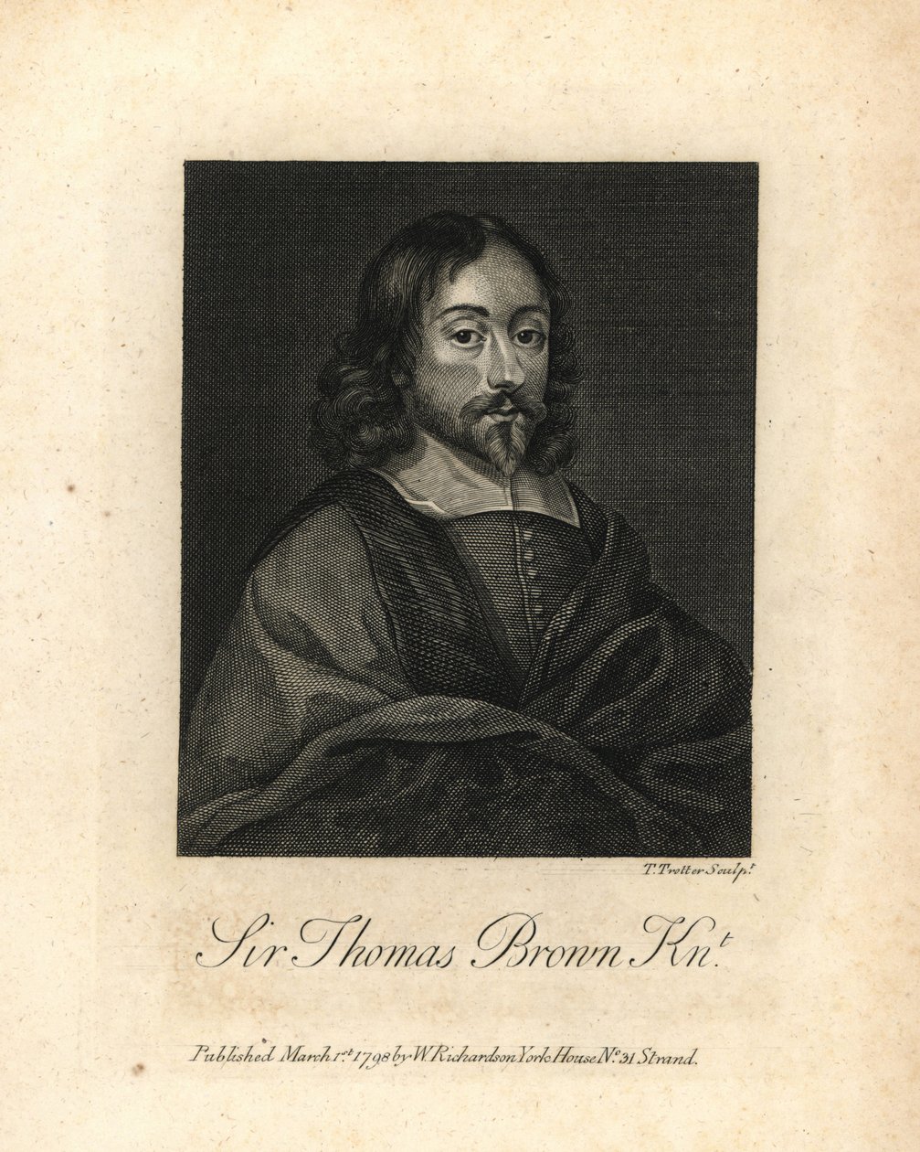 Sir Thomas Brown, englantilainen polymaatikko ja kirjailija tieteestä, lääketieteestä, uskonnosta ja esoteerisista asioista, kuoli 1682. Kuparikaiverrus William Richardin teoksesta Portraits Illustrating Granger