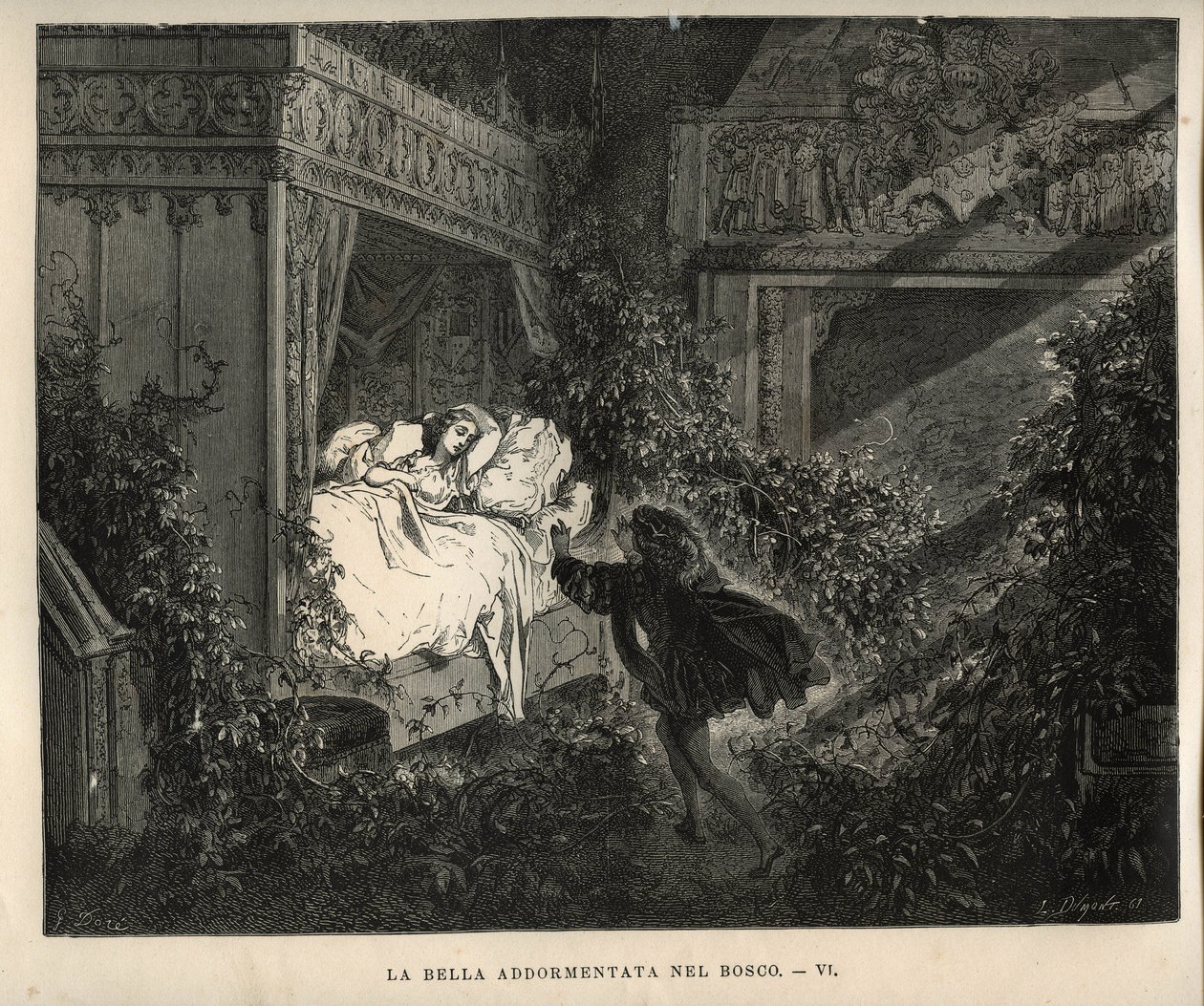 Prinsessa oleva kaunotar: prinssi löytää nukkuvan prinsessan sadan vuoden ajan. Gustave Doren (1832-1883) kaiverrus Charles Perraultin (1628-1703) teoksesta "Les contes" tekijältä Unbekannt
