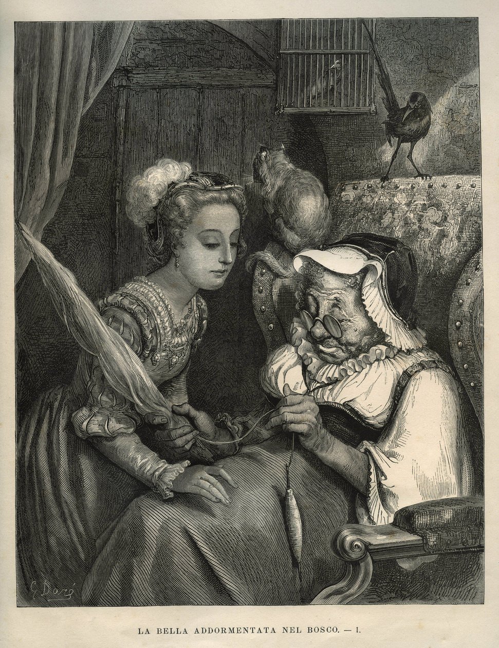 Prinsessa oleva kaunotar: prinsessa löytää villaa kehrävän vanhan naisen. Gustave Doren (1832-1883) kaiverrus Charles Perraultin (1628-1703) teoksesta "Les contes" tekijältä Unbekannt