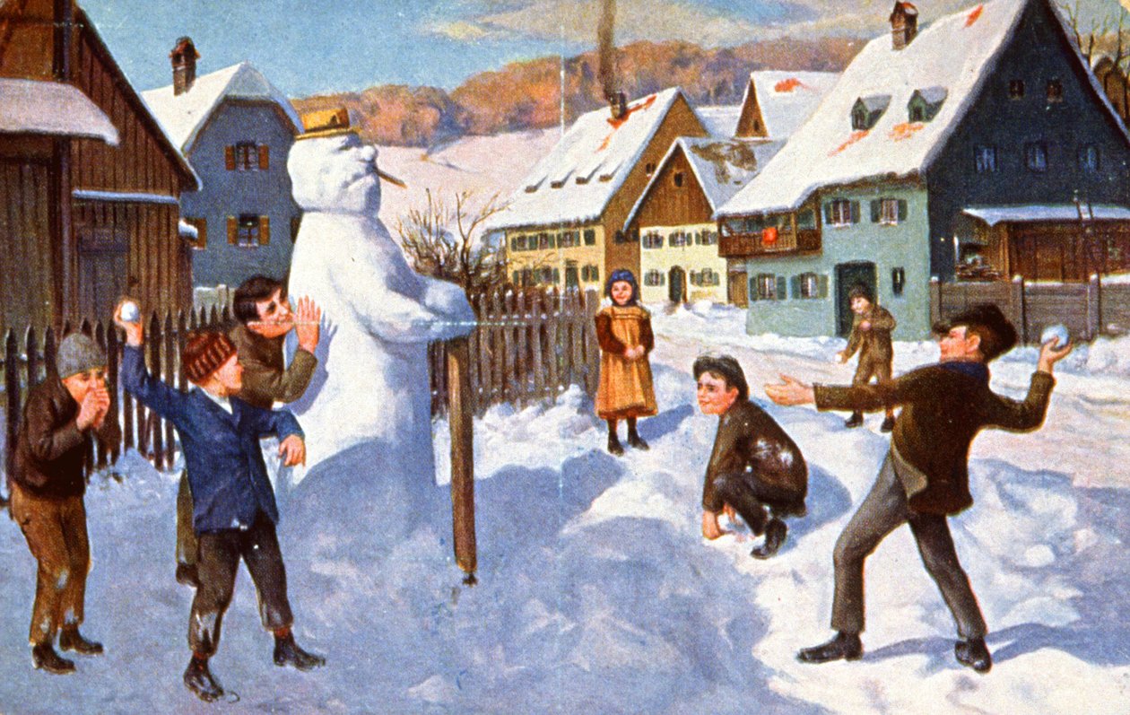 Lumiukko ja lapset leikkimässä, n. 1910 ( postikortti ) tekijältä Unbekannter Künstler