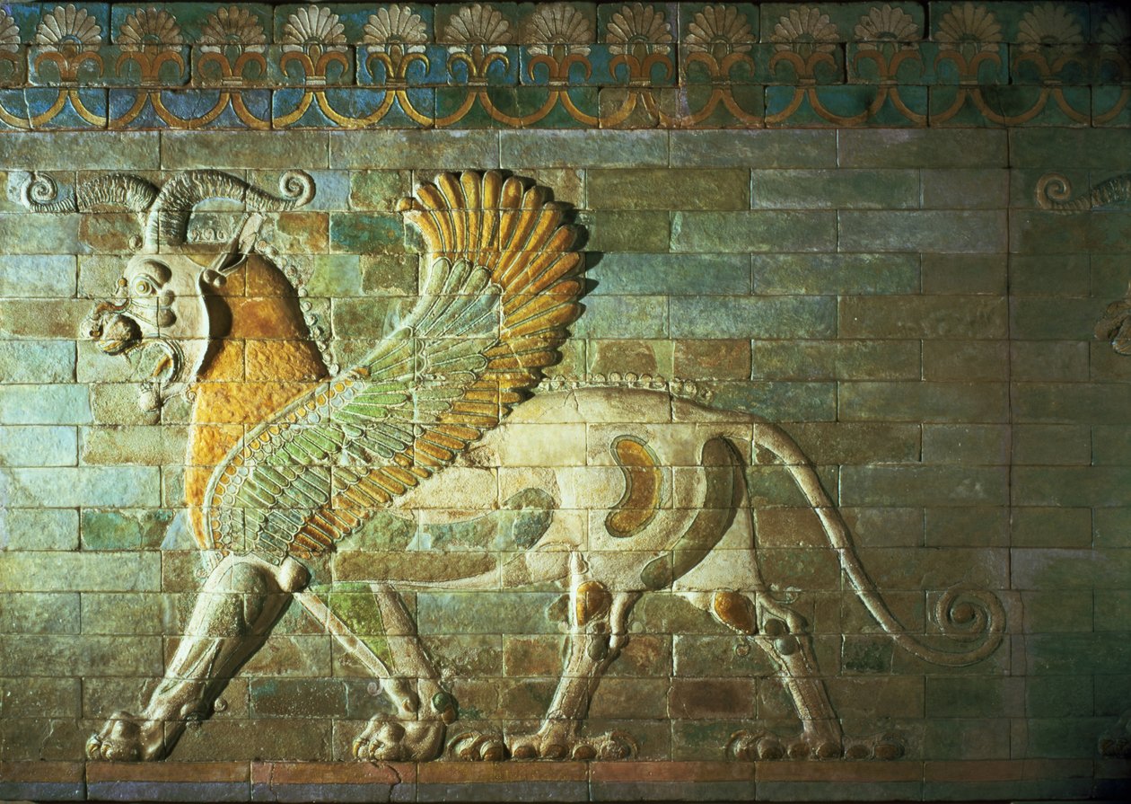 Sfinksi, yksityiskohta friisistä, Mesopotamia, n. 500 eKr. (monivärinen lasitiili) tekijältä Unbekannt