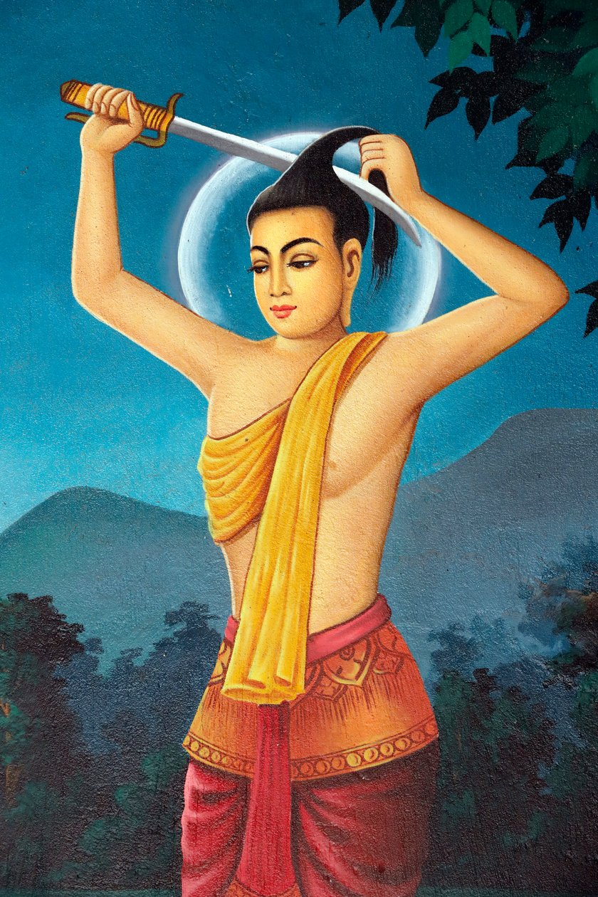 Srahchorkin buddhalainen luostari. Shakyamuni Buddhan elämäntarinaa kuvaava maalaus. Prinssi Siddhartha leikkasi hiuksensa irtisanoutuakseen maailmallisesta elämästä Anomajoen rannalla. Phnom Penh. Kambodža. (kuva) tekijältä Unbekannt