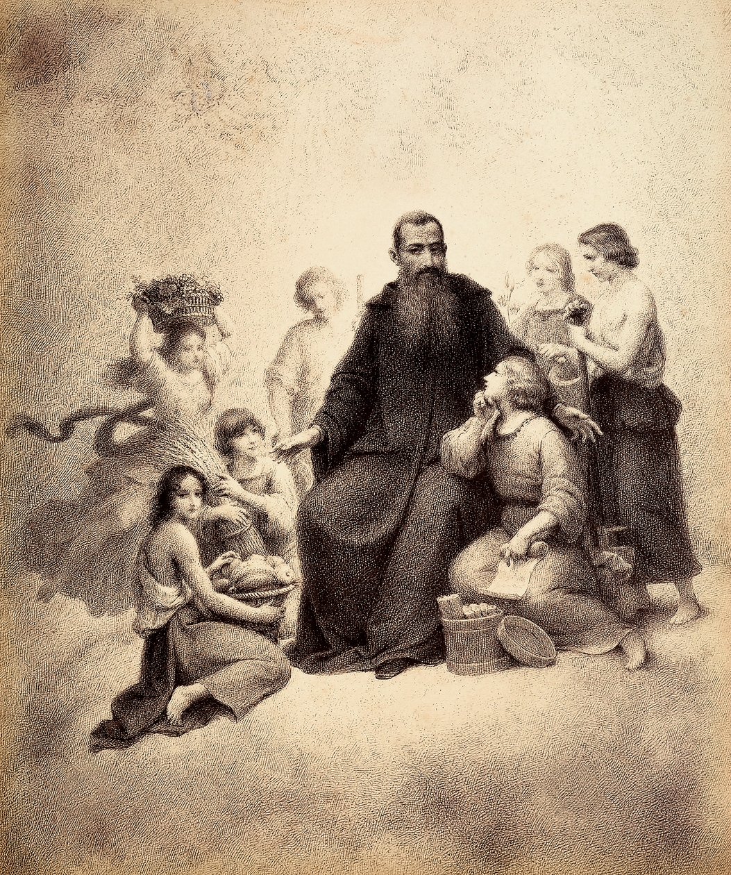 Pyhää Benedictusta ympäröivät nuoret, joilla on vehnänippuja ja hedelmäkoreja. Kuvitus Dante Alighierin "Jumalaisen komedian" Paradisossa olevaan canto XXXII:een. Francesco Scaramuzzan Firenzen kunnalle omistama teos. tekijältä Unbekannter Künstler