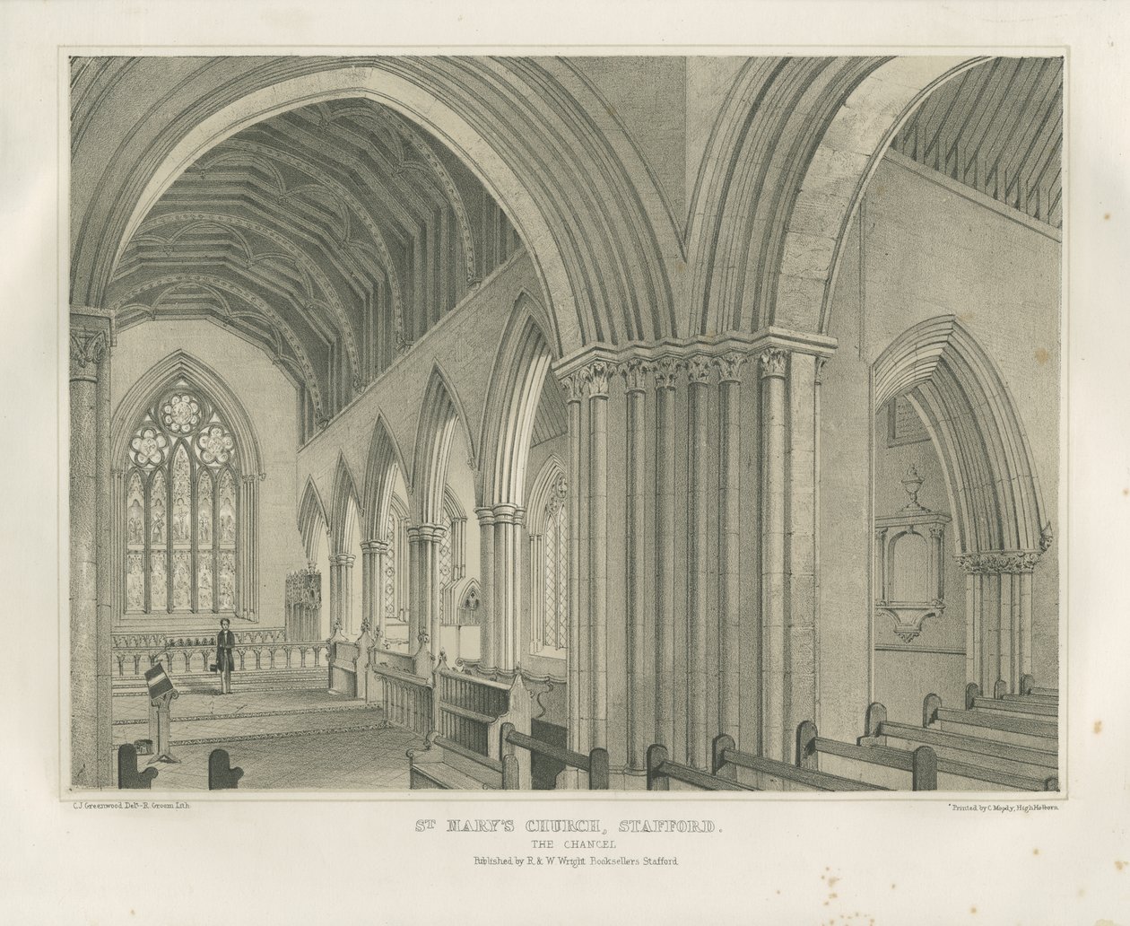 Stafford – Pyhän Marian kirkon sisustus: sävytetty litografia, nd [c 1845] tekijältä Unbekannt