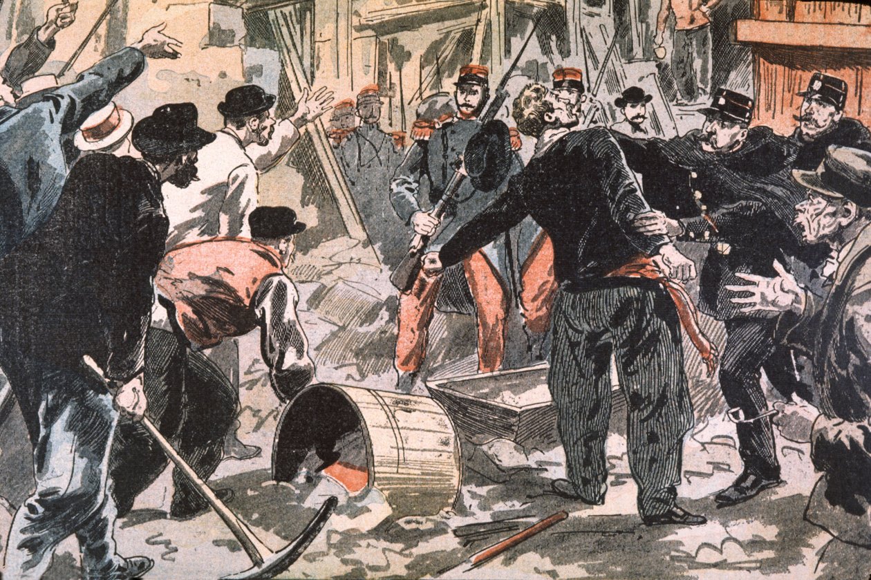 Bretagnelaisten grevistien ja lainvalvontaviranomaisten välinen taistelu rakennustyömaalla, Pariisi, 1900-luvun alku (kaiverrus). tekijältä Unbekannter Künstler