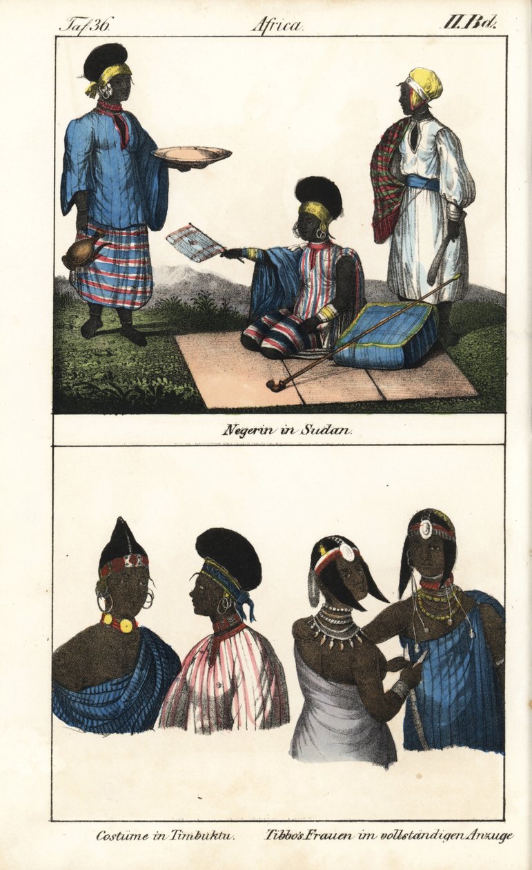 Sudanilaisia naisia raidallisessa mekossa. Alla Timbuktun (Mali) demmes ja Saharan tibbo-naiset. Litografia kirjaa varten: "Galerie complete en tableaux fideles des peuples d