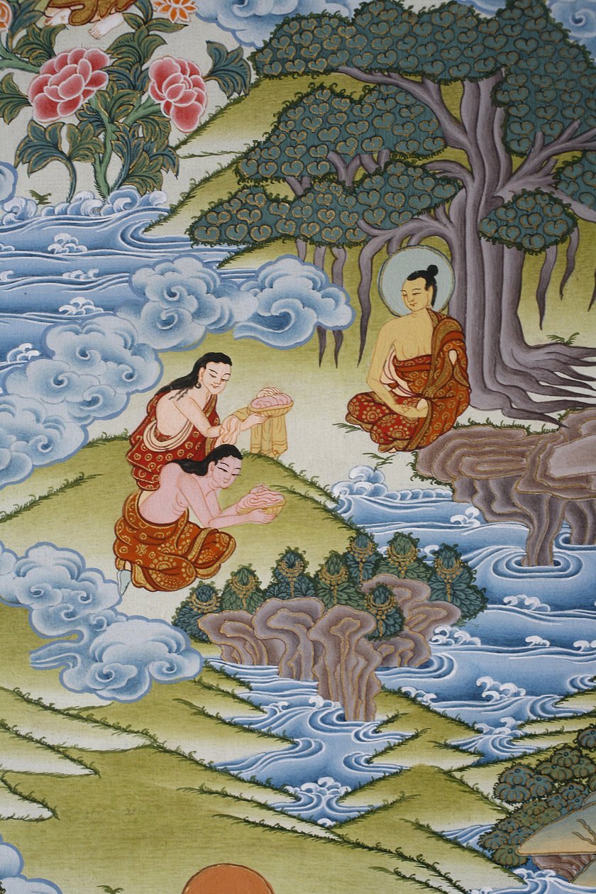 Sujata antaa maitoriisiä Buddhalle. Thangka, Bhaktapur, Nepal tekijältä Unbekannt