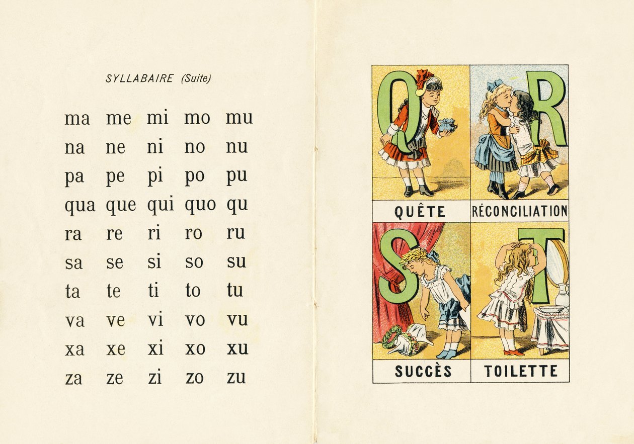 Syllabary ja Q R S T - Kaiverrus ABCD:stä pienistä tytöistä. Pellerin & Cie, kirjapaino-kustantaja, Epinal, noin 1890. Serie A. Mitat: 19 x 13,5 cm. tekijältä Unbekannt