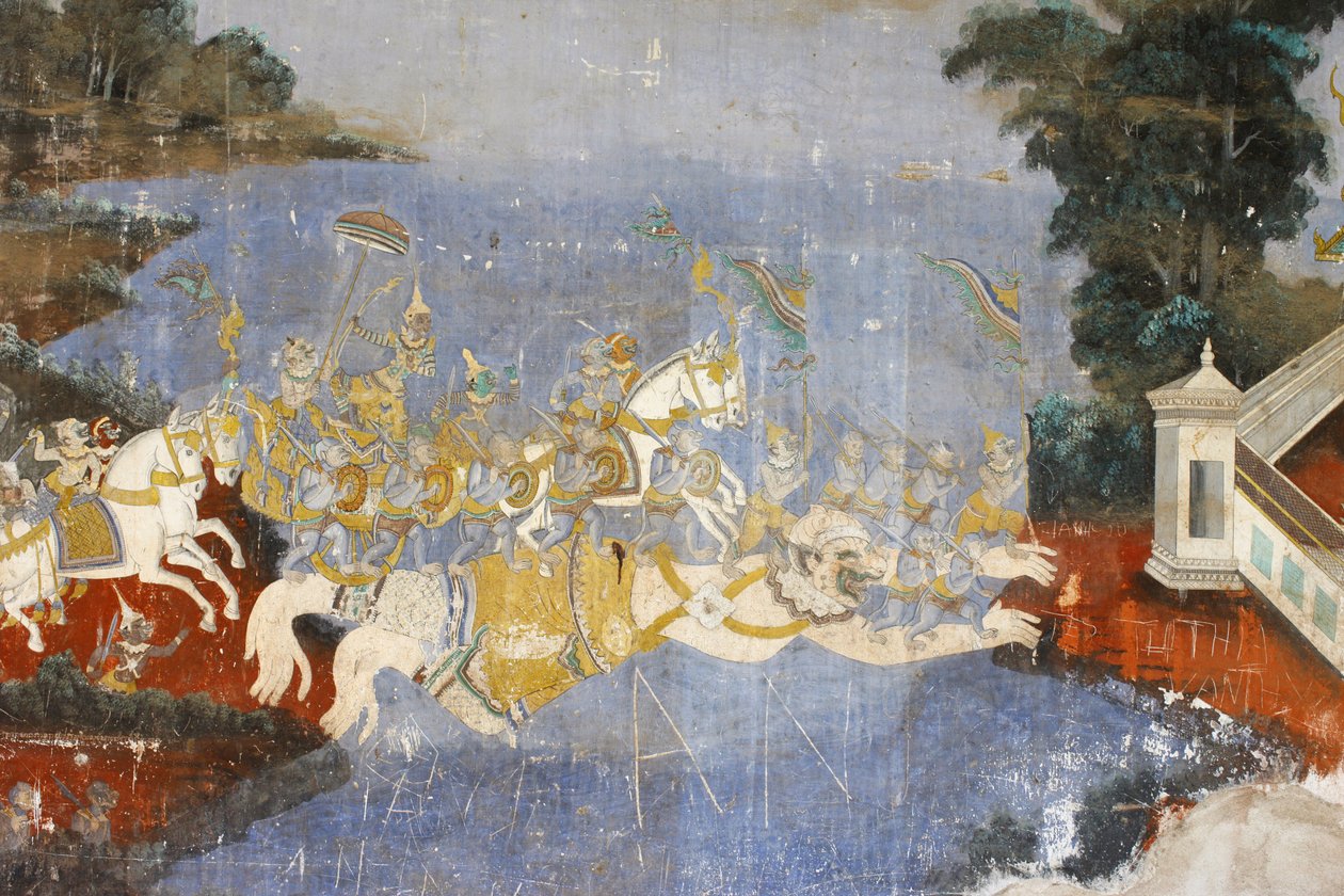 Sylver Pagoda Tämä seinämaalaus kuvaa kohtauksia Reamkerista, joka on kambodžalainen tai khmerilainen versio klassisesta hindurunosta Ramayana, Phnom Penh, Kambodža. tekijältä Unbekannt