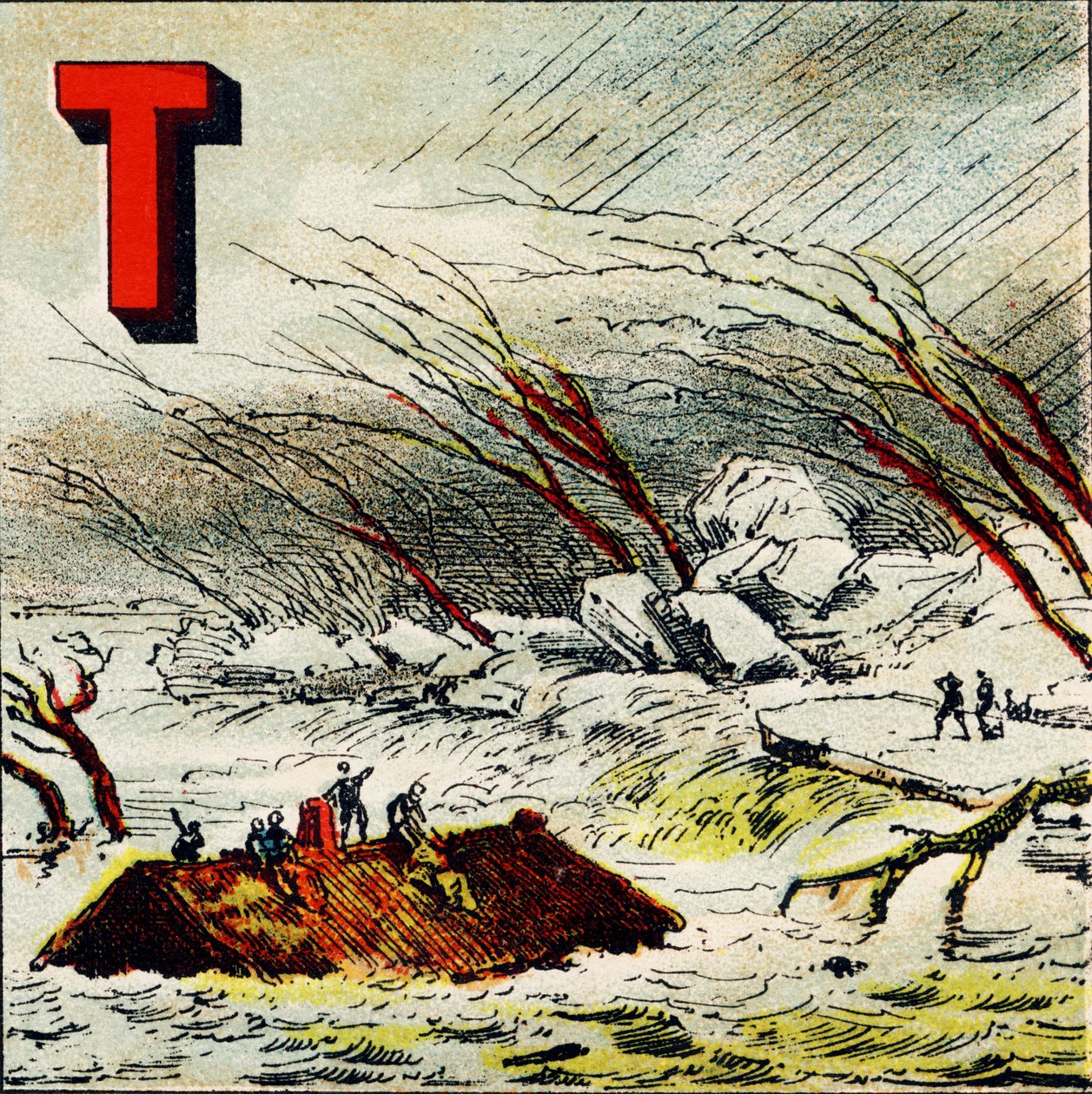 T: Torrent. Se on erittäin nopea vesivirta, jonka tuottaa maaston suuri kaltevuus - Kaiverrus otettu maantieteellisestä aakkosesta. Guerin-Muller et Cie, kustantajat, Pariisi tekijältä Unbekannt