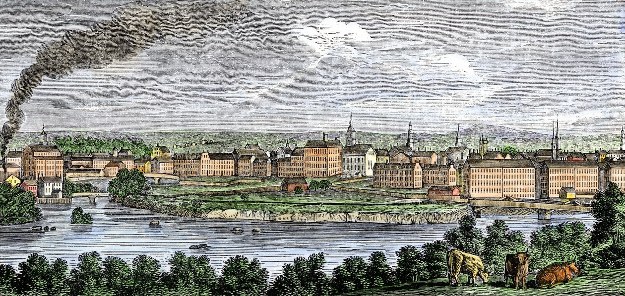 Tekstiilitehtaita Merrimack- ja Concord-jokien varrella, Lowell, Massachusetts, Yhdysvallat 1830-luvulla. Värillinen kaiverrus 1800-luvulta. tekijältä Unbekannter Künstler