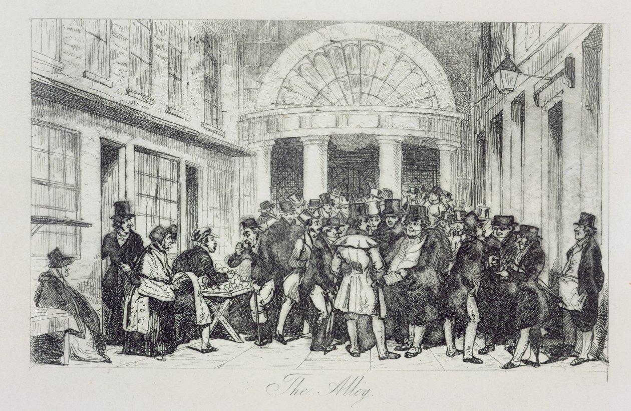 "The Alley", pullamyyjä Lontoon pörssin sisäänkäynnillä, Capel Court, n. 1850 (etsaus) tekijältä Unbekannt