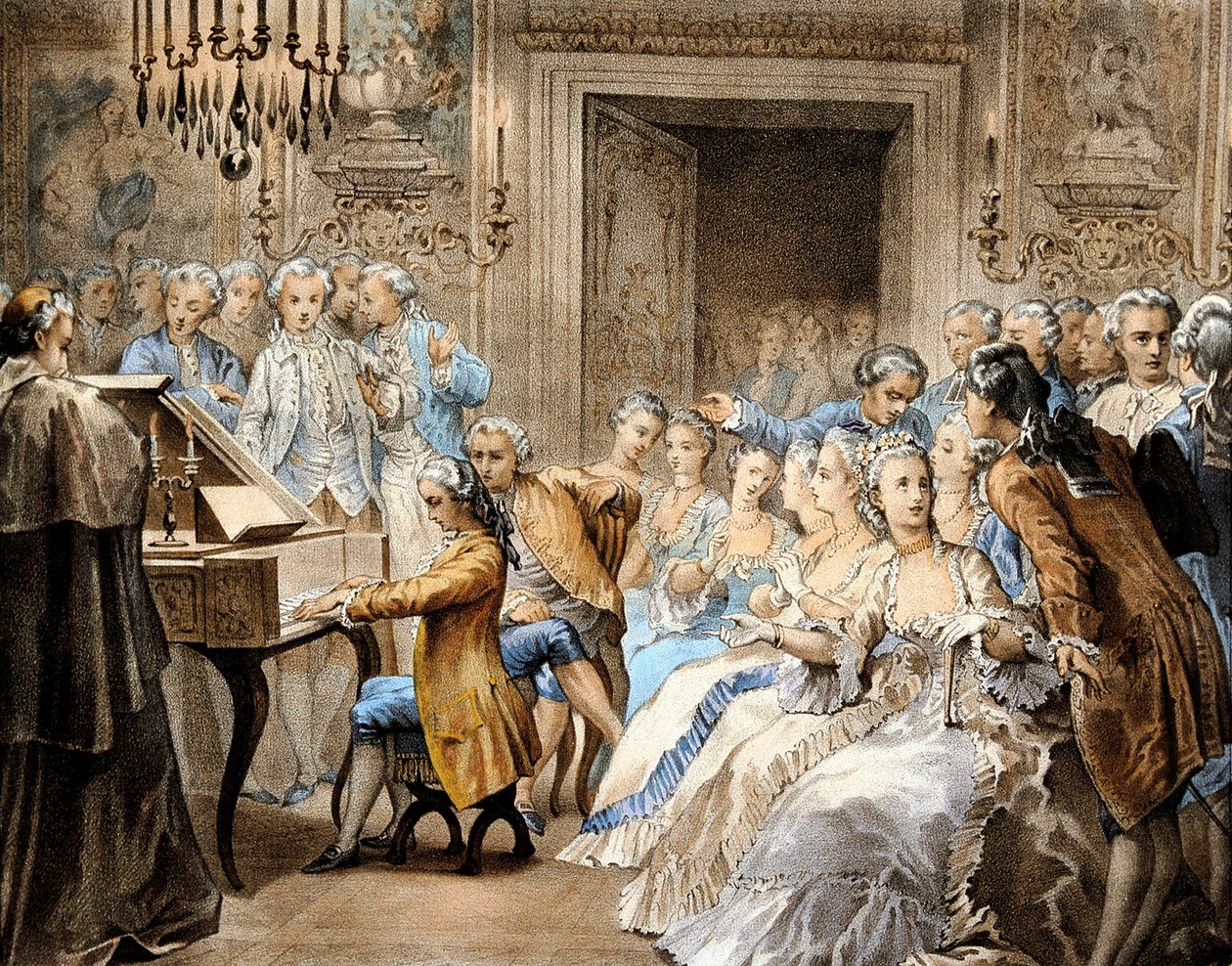 Itävaltalainen säveltäjä Wolfgang Amadeus Mozart (1756-1791) 14-vuotiaana soittamassa muistinvaraisesti Gregorio Allegrin "Miserere"-teosta. tekijältä Unbekannter Künstler