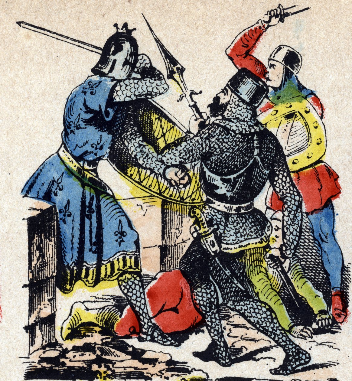 Taillebourgin taistelu Ranskan kuninkaan Ludvig IX:n ja hänen veljensä Poitiersin kreivin Alphonsen välillä heidän vasallikapinallistensa, Englannin Henrik III:n ja Lusignanin Hugues X:n, aseita vastaan. Epinalin kuva 1800-luvulta (kaiverrus) tekijältä Unbekannter Künstler