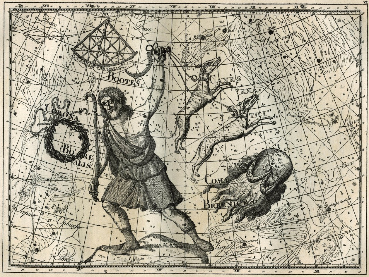 Bower, Boreal Crown, metsästyskoirat, Berenicen hiukset. Kaiverrus Camille Flammarionin teoksesta "The Stars and Other Curiosities of the Sky" tekijältä Unbekannt