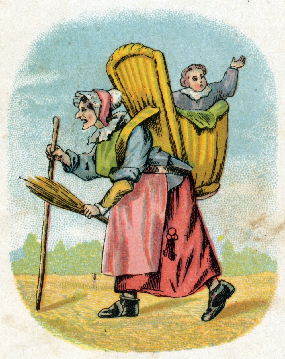 Poikaystävän äiti. Vanha nainen koulunhoitaja koulupoika kantolaukun kanssa. Kaiverrus "Alphabet des petits ecoliers". Epinalin kuva, noin 1885. Privee Collection tekijältä Unbekannt