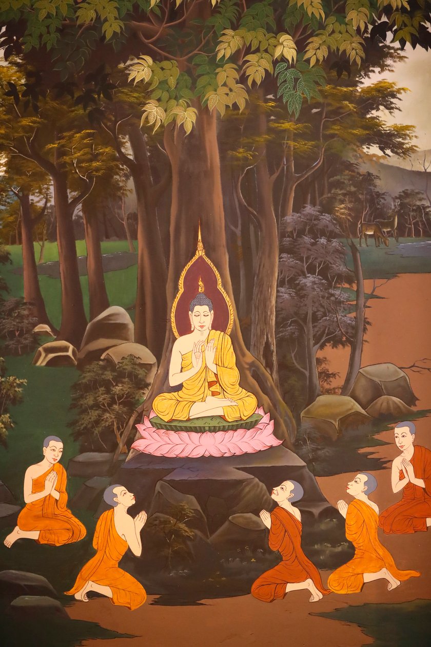 Buddha saarnasi ensimmäisen saarnansa viidelle munkille, Wall fresko, Wat Botum temppeli, Phnom Penh, 2022 (kuva) tekijältä Unbekannter Künstler