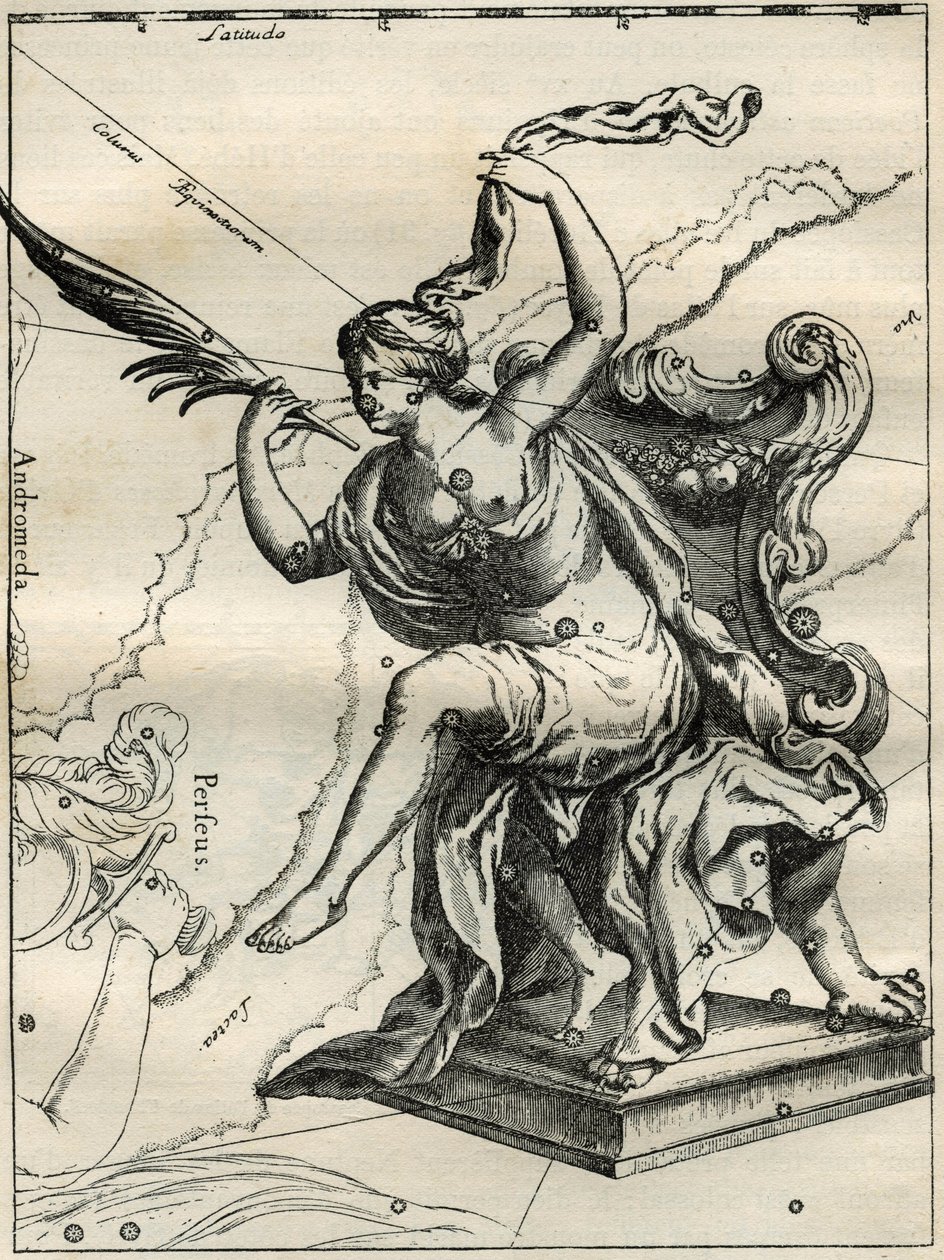 The Cassiopee of the Atlas of Hevelius (1690): Cassiopee, Etiopian kuninkaan Cepheen vaimo istuu palmuilla koristellussa nojatuolissa. Kaiverrus Camille Flammarionin teoksesta "The Stars and Other Curiosities of the Sky". tekijältä Unbekannt
