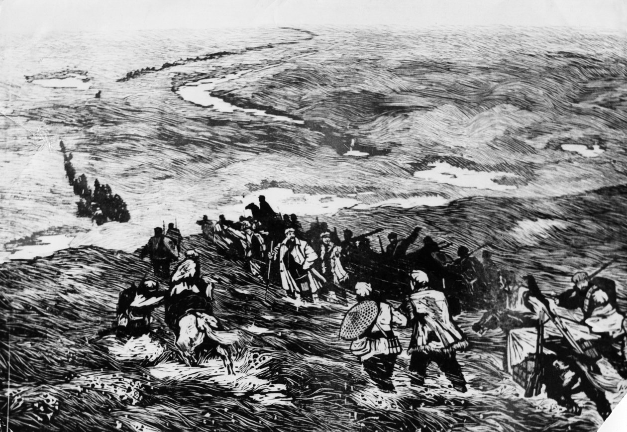 Kiinan puna-armeija kulkee suomaan läpi. Li Huan-minin puupiirros. Puna-armeijan kuvataan ylittävän suon vuonna 1935 tekijältä Unbekannt