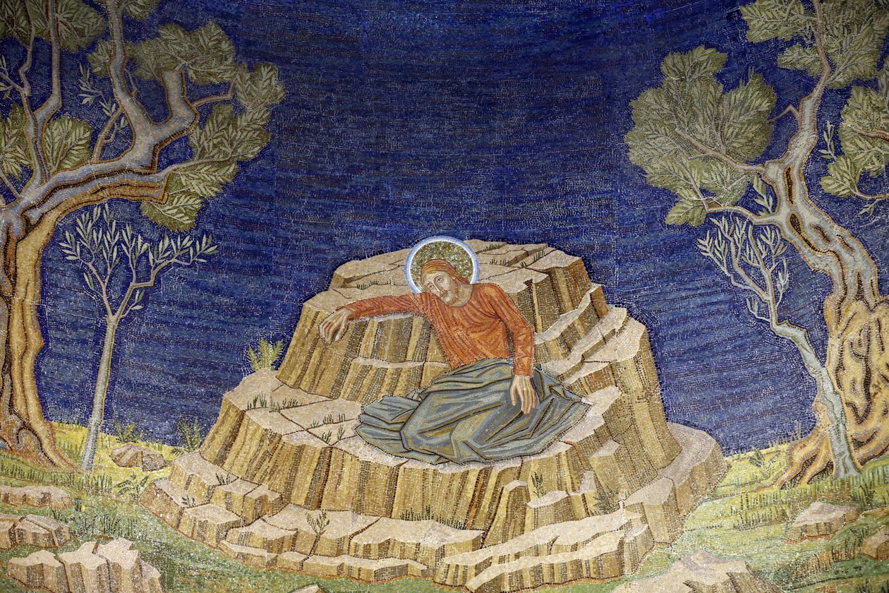 Kaikkien kansakuntien kirkko, joka tunnetaan myös nimellä Kirkko tai Basilica of the Agony, Christ in agony, Mosaic of the Basilica at Getsemane, Jerusalem, Israel tekijältä Unbekannt