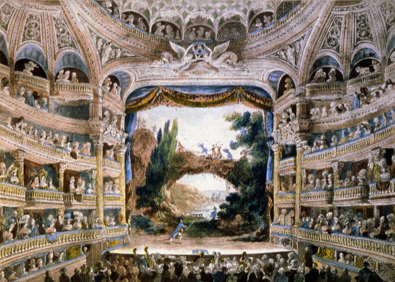 Comedie Francaise -teatteri 1700-luvun loppupuolella, 1800-luvun loppupuoli (kaiverrus). tekijältä Unbekannter Künstler