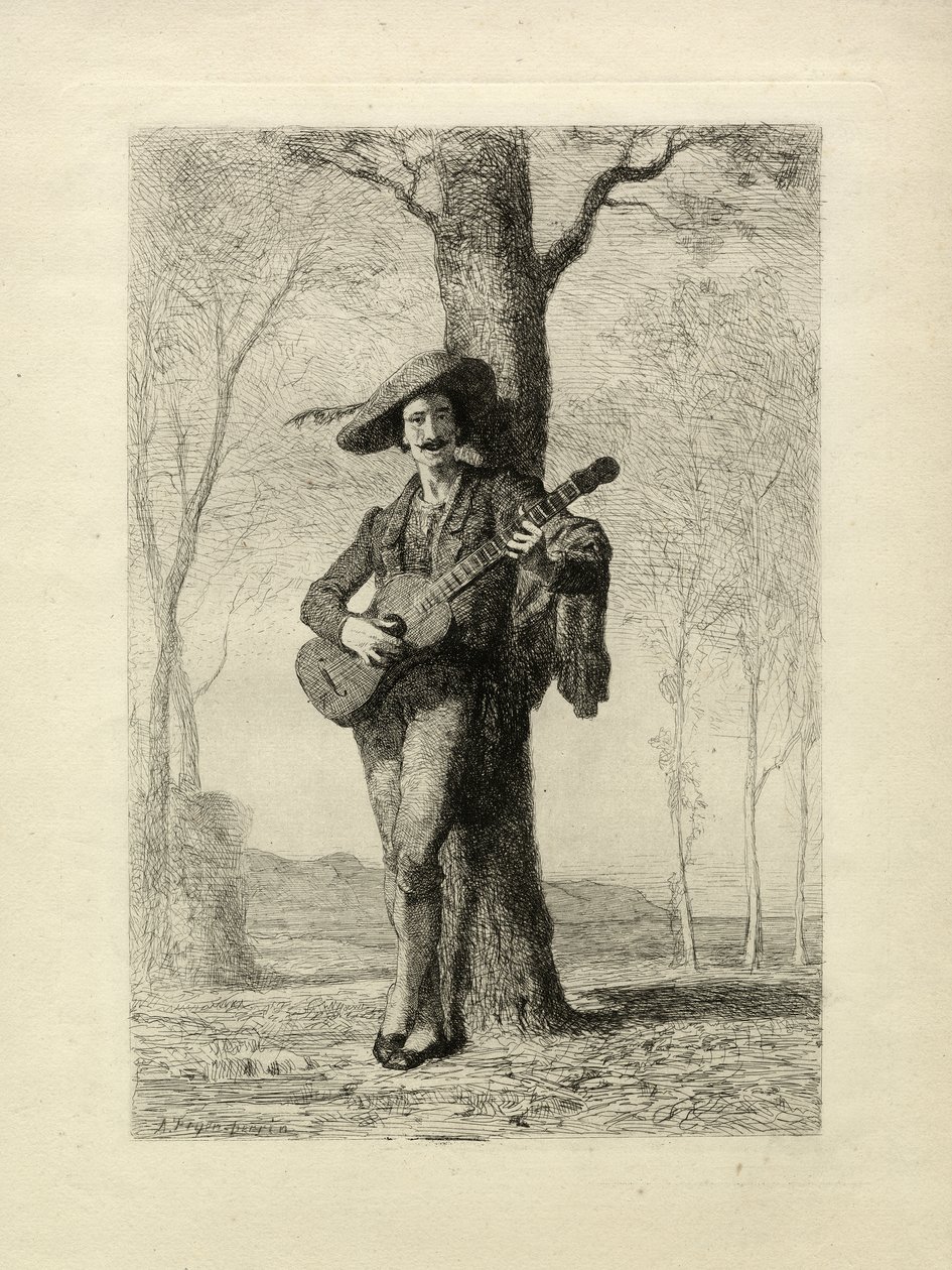 The Guitarist, Ranska, n.1870 (kaiverrus) tekijältä Unbekannter Künstler