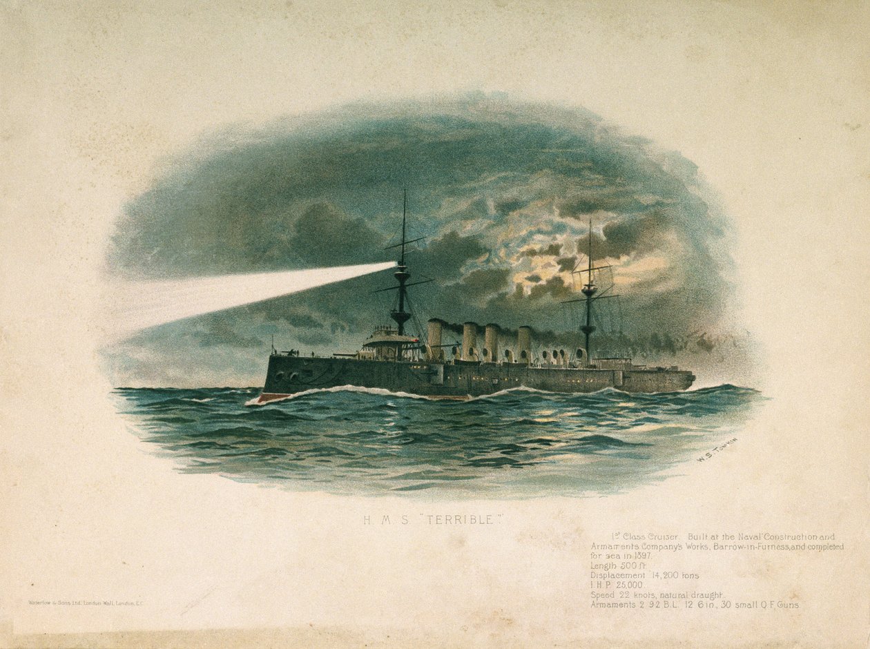 HMS "Terrible", ensimmäisen luokan risteilijä, jonka Barrow in Furness Shipbuilding and Arms Company rakensi vuonna 1897. Kromolitografia 1800-luvun lopulla, tekijä W.S. Tomkin (). tekijältä Unbekannter Künstler