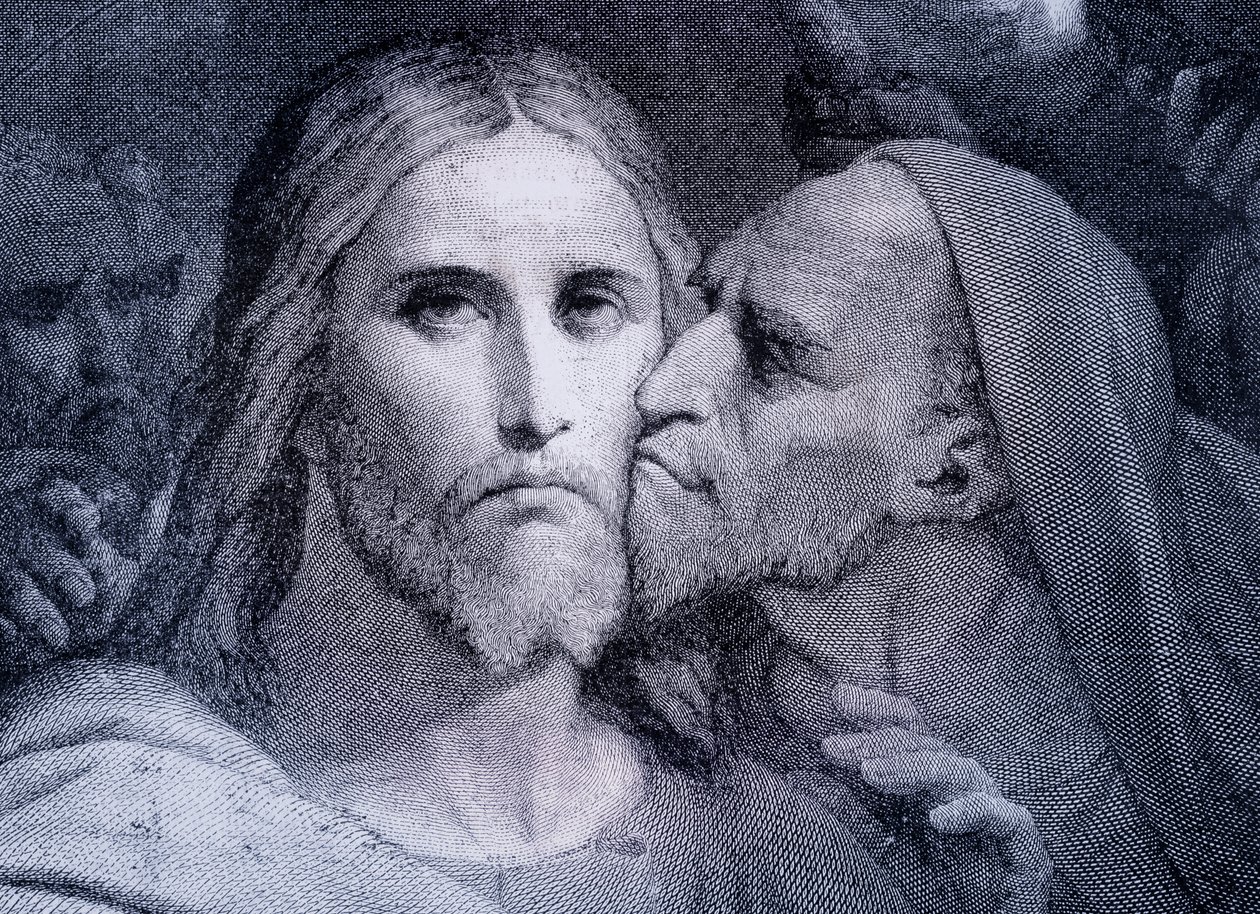 Suudelma - Juudas Iskariot suutelee Jeesusta Kristusta Getsemanen puutarhassa, El Mundo Ilustradosta, julkaistu Barcelonassa, noin 1880 tekijältä Unbekannt