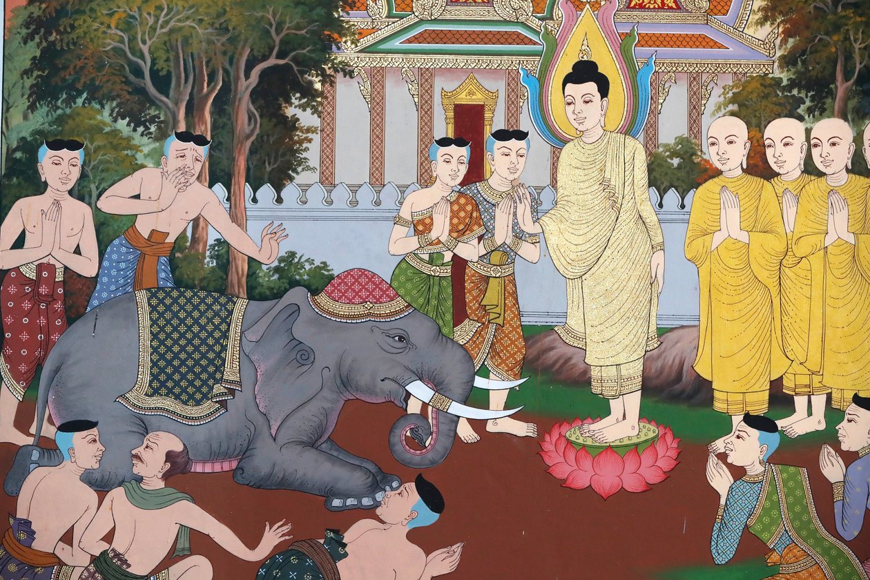 Buddhan elämä, Villi norsu, jota rakastava ystävällisyys kesyttää, seinäfresko, Wat Maniratanaramin luostari, Phnom Penh, 2022 (kuva) tekijältä Unbekannter Künstler