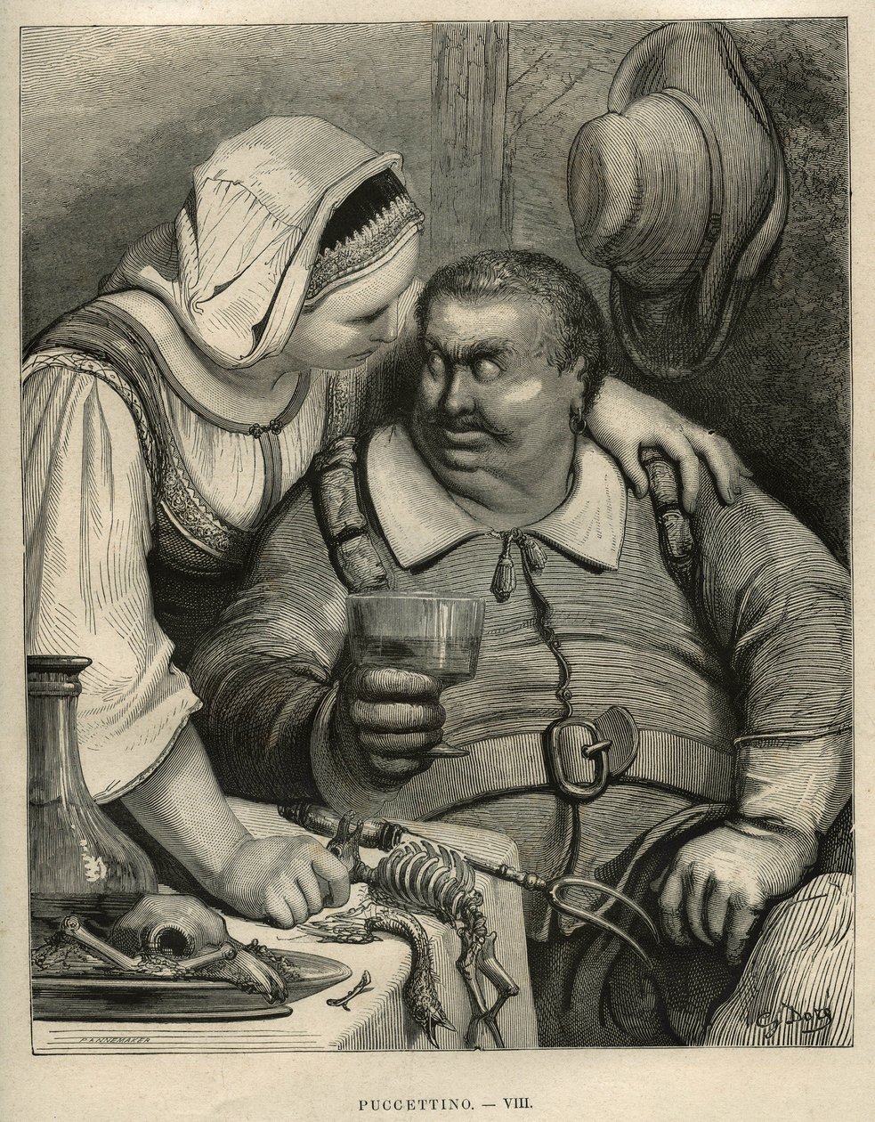 Pikku Pouket: Ogre ja hänen vaimonsa aterian päätyttyä. Gustave Doren (1832-1883) kaiverrus Charles Perraultin (1628-1703) teoksesta "Les contes" tekijältä Unbekannt