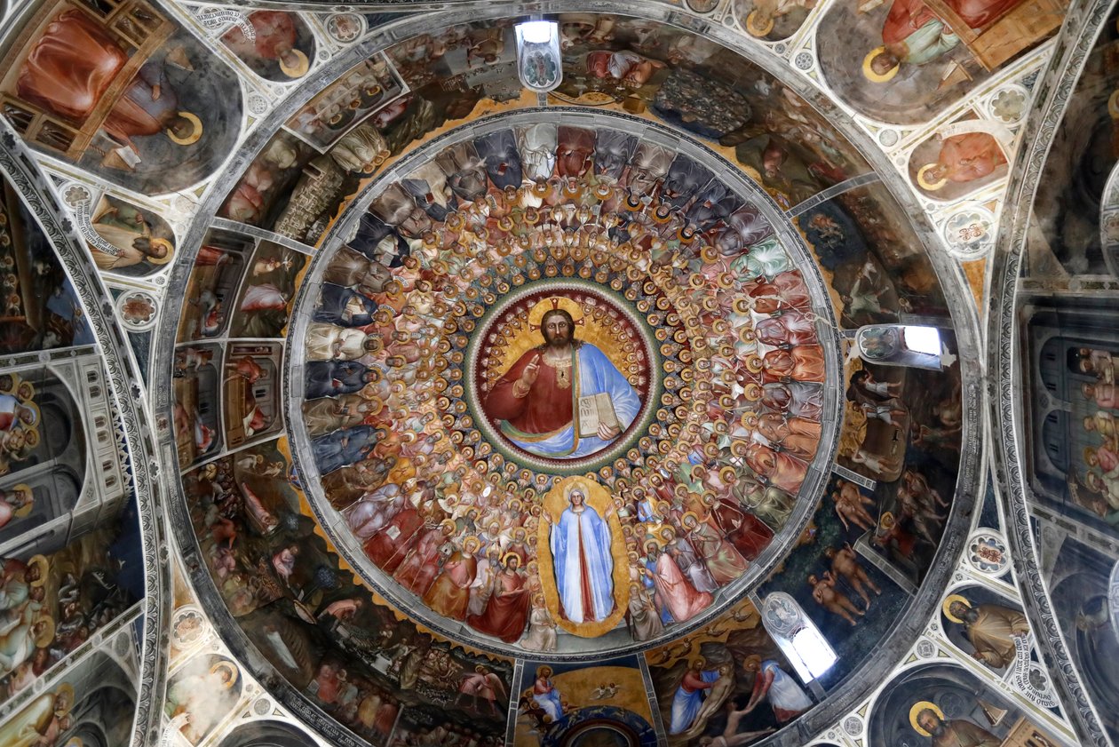 Padovan kastekappeli. Giusto de Menabuoin kattofreskot 1300-luvulta. Paratiisi. Siunaa Kristusta enkeleillä, patriarkoilla, profeetoilla ja pyhillä. Padova. Italia. (kuva) tekijältä Unbekannt