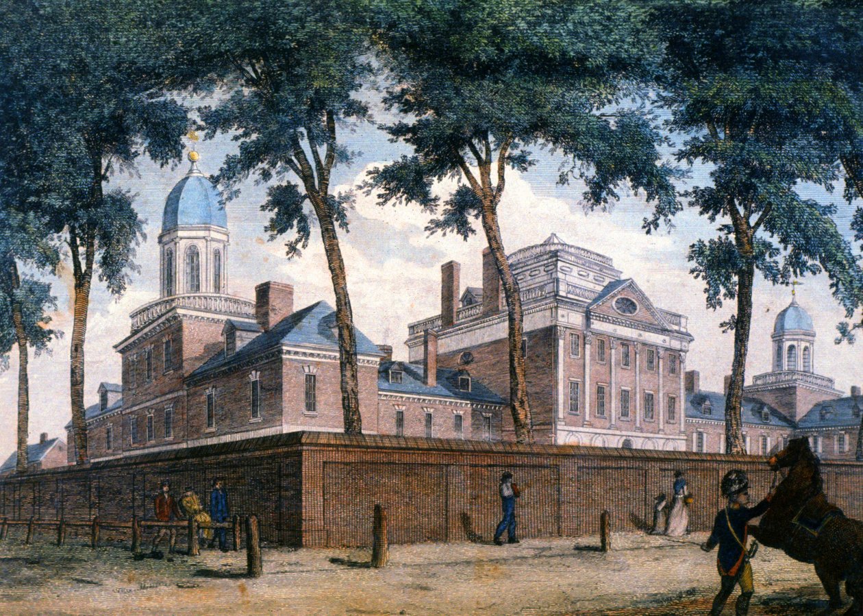Pennsylvanian sairaala Philadelphiassa, noin 1800 (kaiverrus). tekijältä Unbekannter Künstler