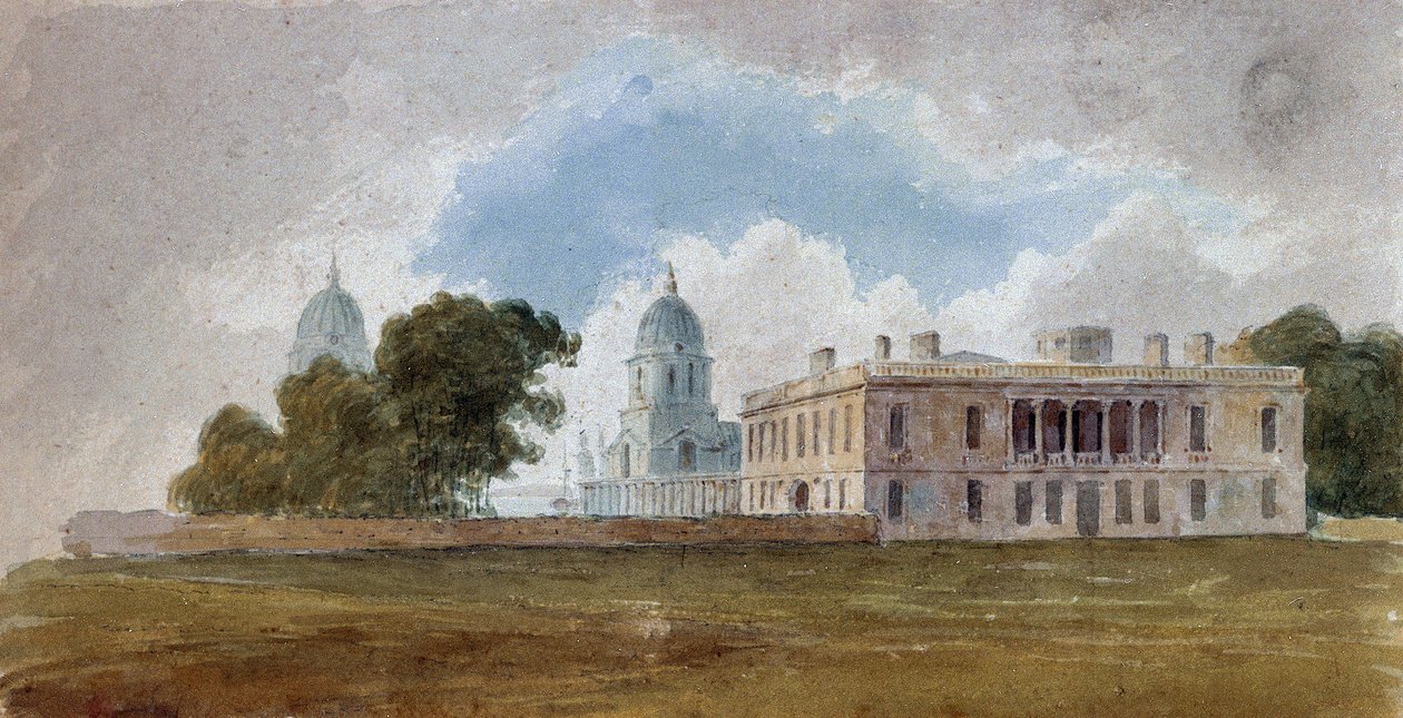 Kuningattaren talo ja Greenwichin sairaala (Englanti), Queen Mary Court- ja King William Court -rakennusten kupolit. David Coxille (1783-1859) omistettu maalaus, akvarelli noin vuonna 1804. tekijältä Unbekannter Künstler