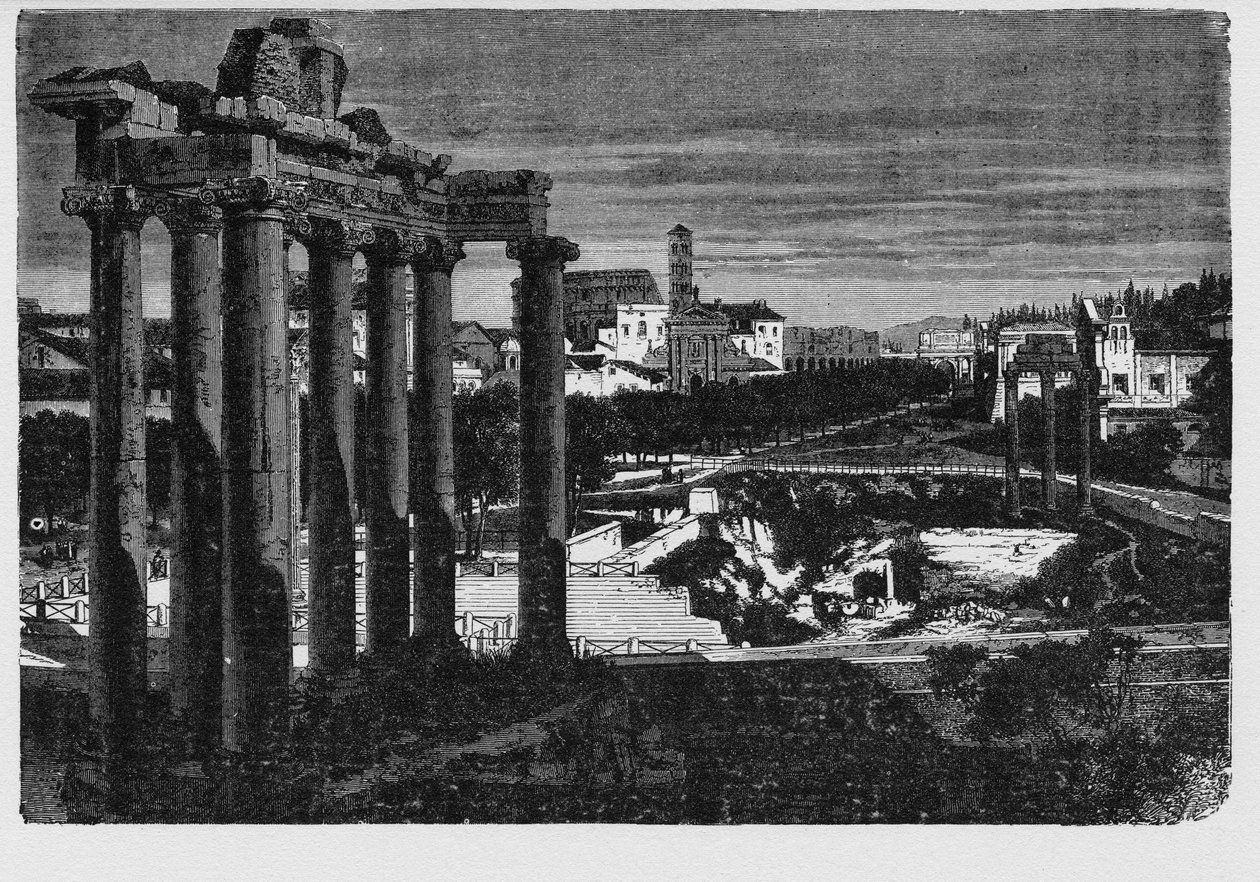 Forum Romanum, jota ympäröivät useiden tärkeiden muinaisten hallintorakennusten rauniot Rooman kaupungin keskustassa. Muinaisen kaupungin asukkaat kutsuivat tätä alun perin markkinapaikkaa Forum Magnumiksi tai yksinkertaisesti Forumiksi. tekijältä Unbekannt