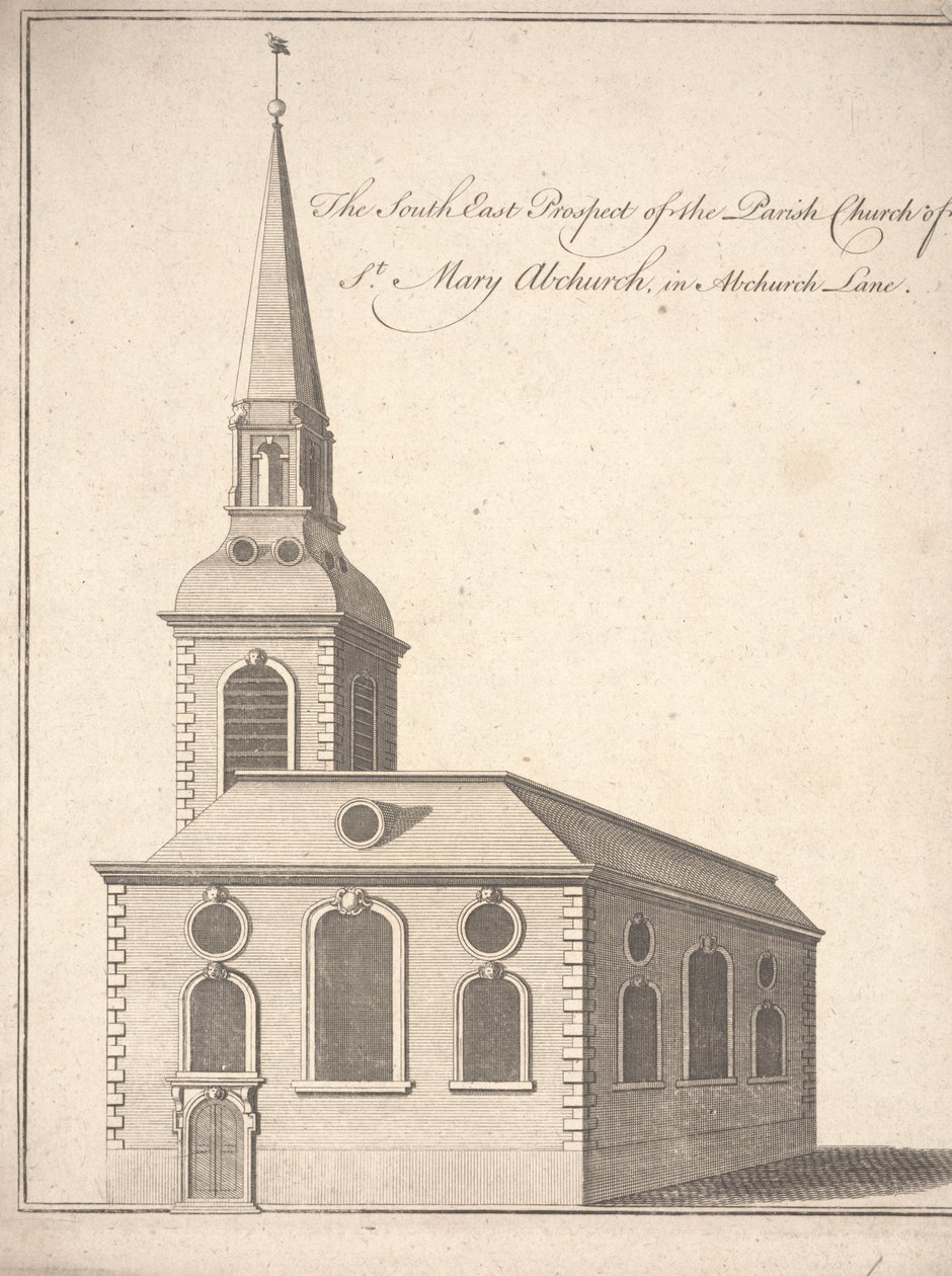 St. Mary Abchurchin seurakunnan kaakkoisprospekti, Abchurch Lane, n. 1740 (kaiverrus) tekijältä Unbekannter Künstler