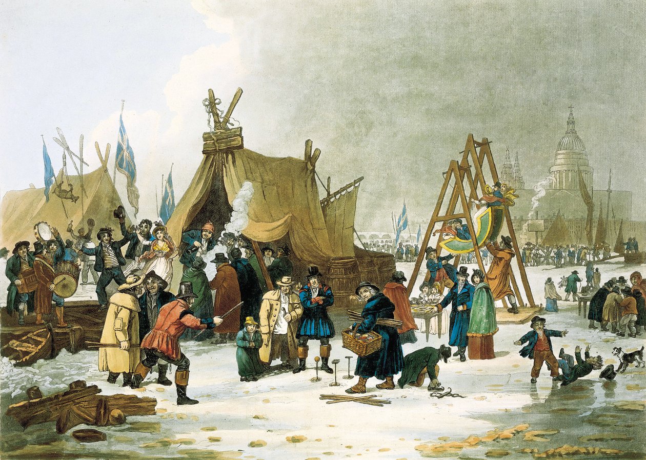 Thames jäätyi talvella 1813-1814. Ennen vanhan Lontoon sillan purkamista vuonna 1831 Thames jäätyi hyvin kylminä talvina, ja lontoolaiset käyttivät tilaisuutta hyväkseen ja perustivat lapsille leikkikenttiä, improvisoivat jäähalleja ja perustivat kymmenen tekijältä Unbekannter Künstler