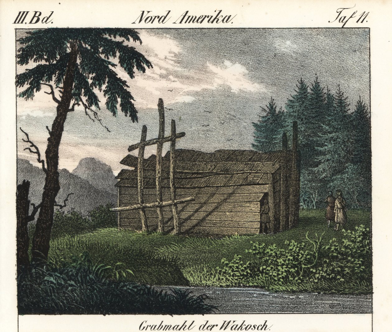 Wakashan-intiaanien puuhauta (Kanada). Kirjan litografia: Friedrich Wilhelm Goedsche (1785-1863) "Galerie complete en tableaux fideles des peuples d