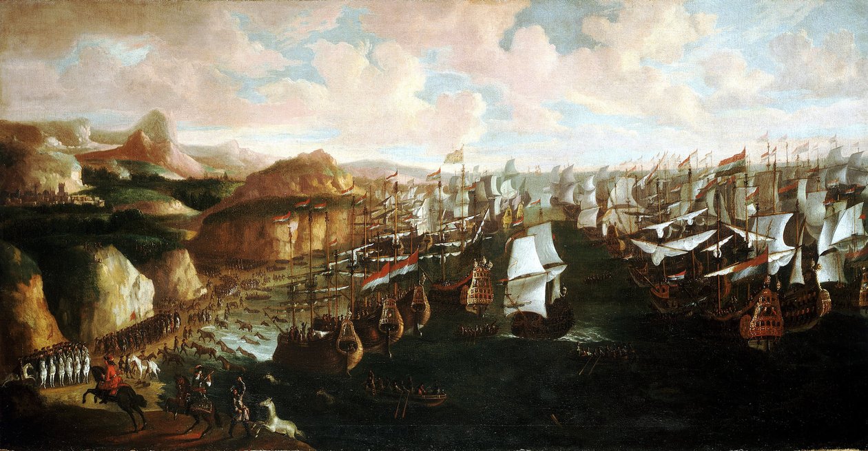 Vilhelm III Oranialaisen (tai Vilhelm III Englannin) (1650-1702) saapuminen Torbayhin (Englanti) 5. marraskuuta. tekijältä Unbekannter Künstler