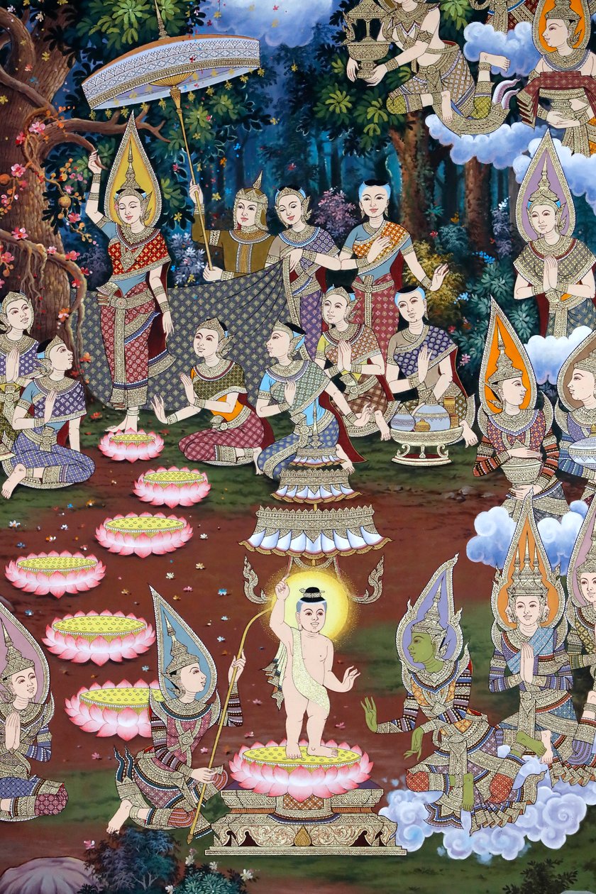 O nascimento do infante Siddhartha, afresco na parede, mosteiro Wat Maniratanaram, Phnom Penh, 2022 (foto) finlandês tekijältä Unbekannter Künstler