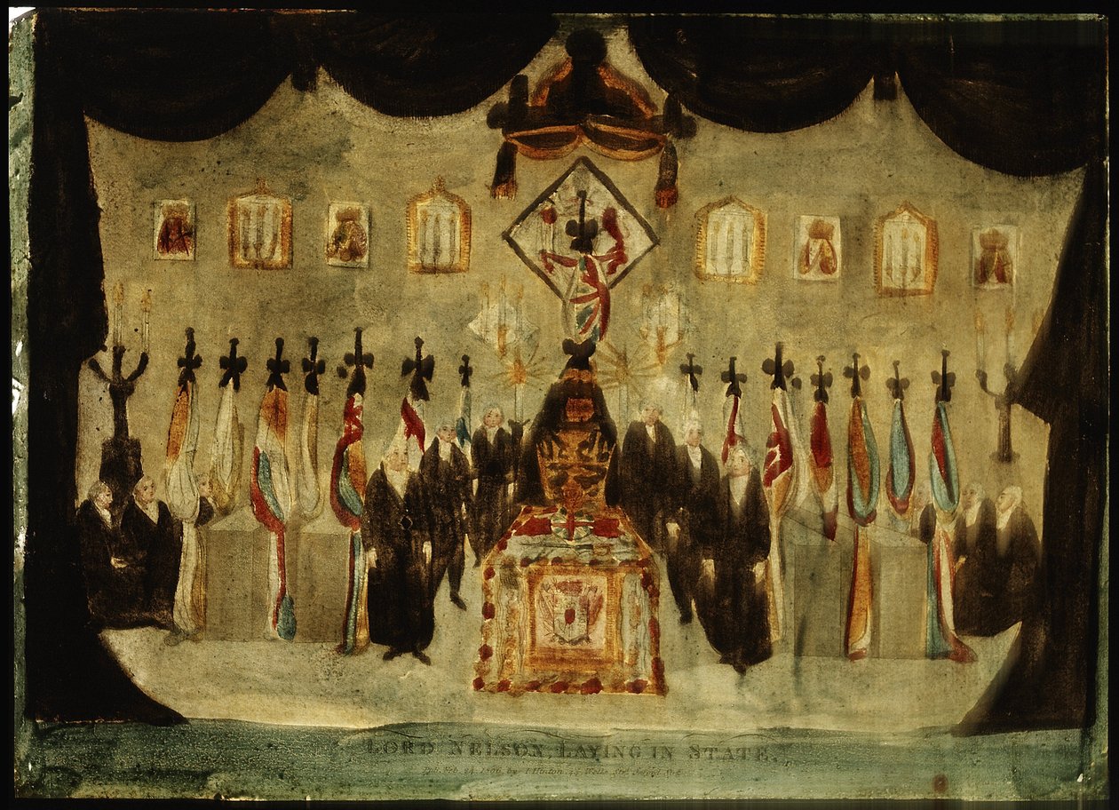 Horatio Nelsonin (1758-1805) ruumis lepää entisen Royal Naval Collegen maalatussa salissa Greenwichissä hautajaisten aikana kolmantena päivänä, arkun peittävä musta lakana poistetaan ja mustiin pukeutuneet vartijat seisovat arkun molemmin puolin. tekijältä Unbekannter Künstler