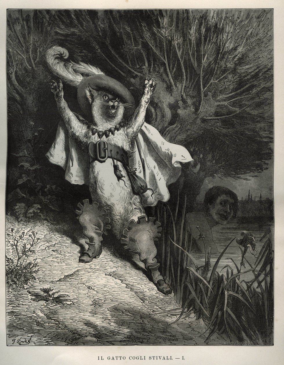 Kissa huutaa apua. Gustave Doren (1832-1883) kaiverrus Charles Perraultin (1628-1703) teoksesta "Les contes" tekijältä Unbekannt