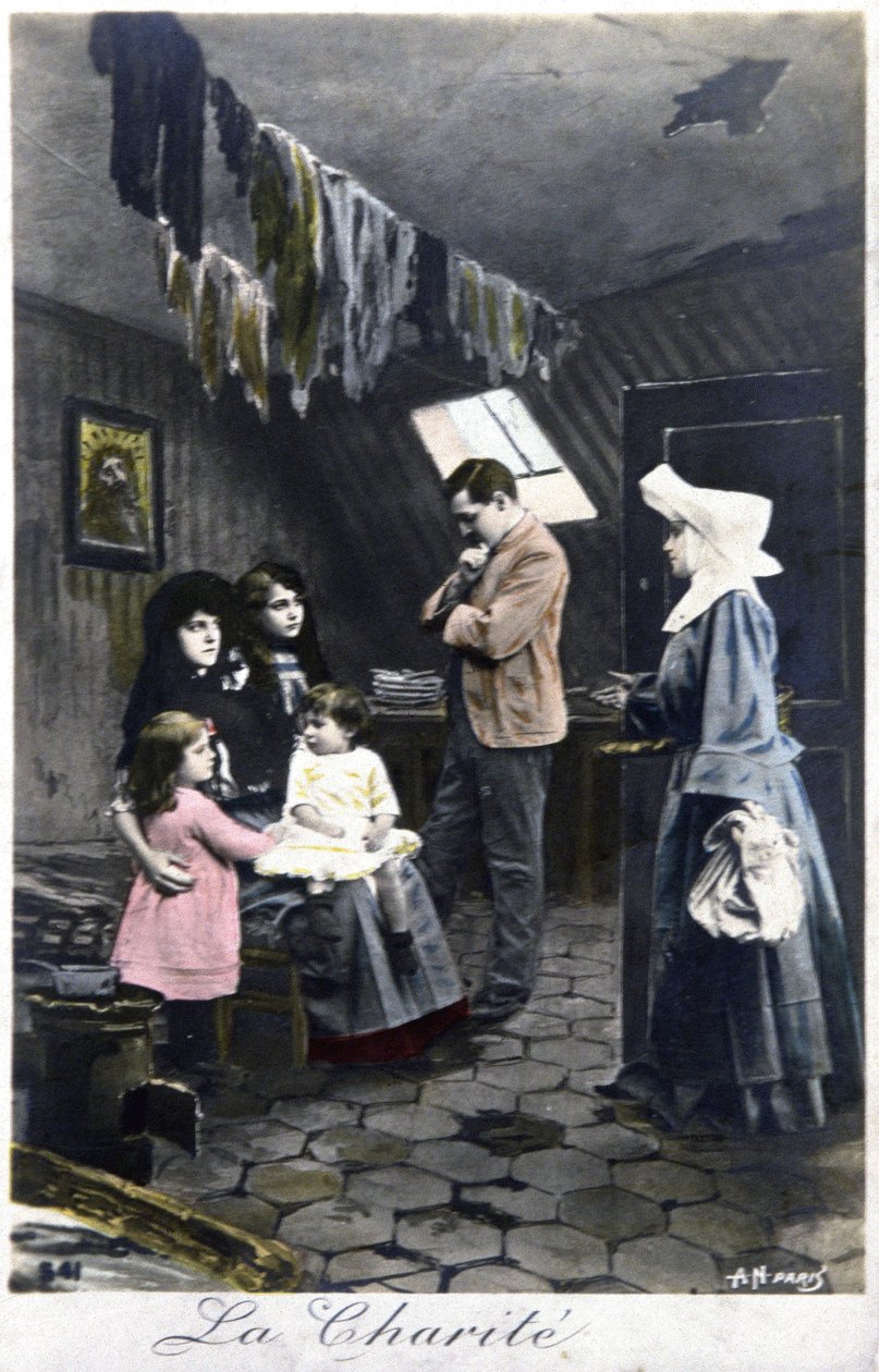Hyväntekeväisyys : nunna köyhien luona, n. 1910 (postikortti). tekijältä Unbekannter Künstler