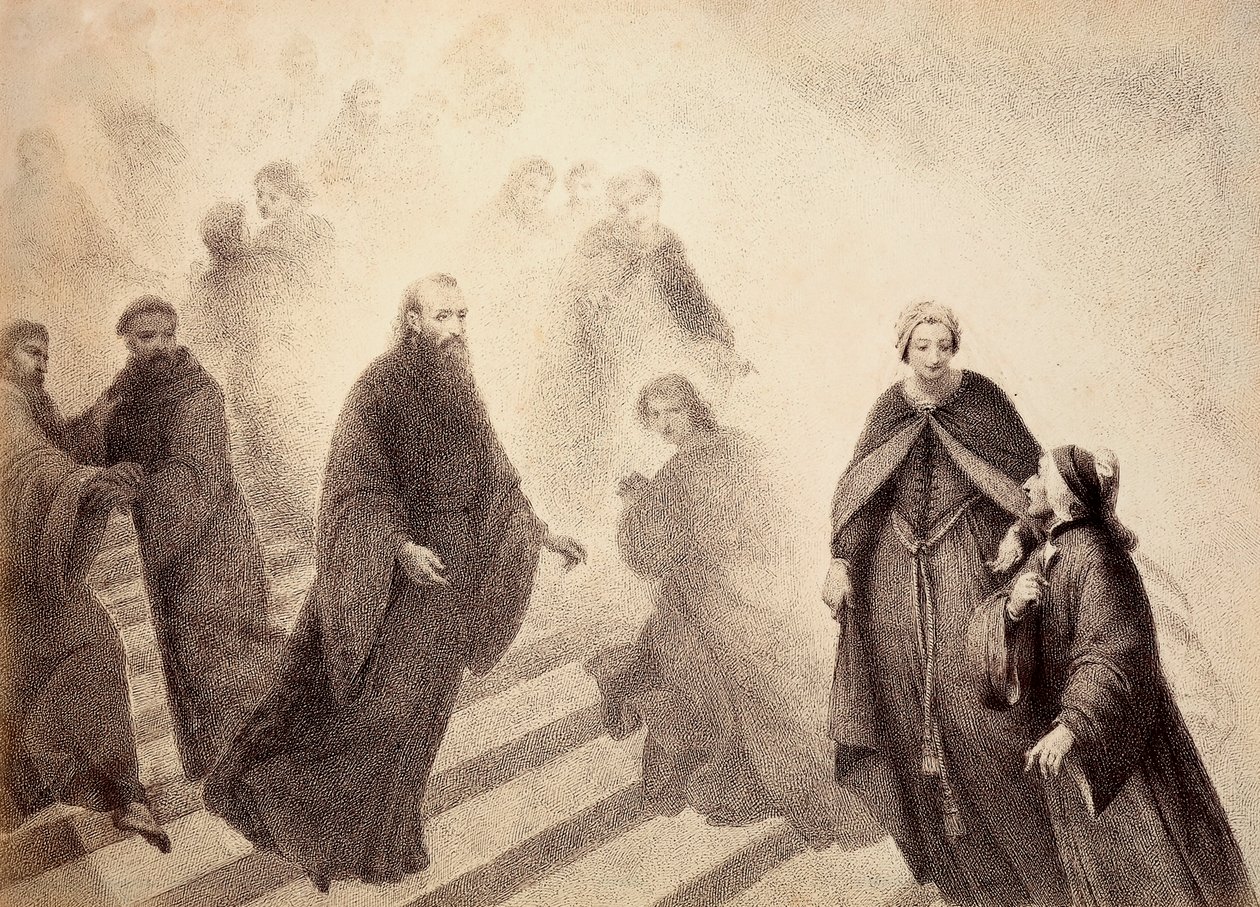 Pietari Damianuksen mietiskelevä henki laskeutuu alas kultaisilta tikkailta kohti Dantea. Kuvitus Dante Alighierin teoksen Jumalaisen komedian Paradiso-kappaleen canto XVI:sta. Francesco Scaramuzzan Firenzen kunnalle omistama teos. tekijältä Unbekannter Künstler