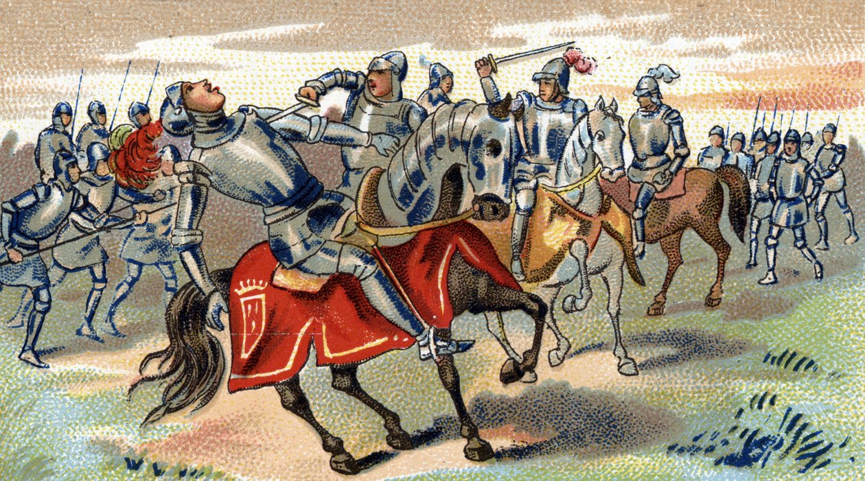 Castillonin taistelussa (1453) kuolleen John Talbotin kuolema 1800-luvun lopulla (kromolitografia) tekijältä Unbekannter Künstler