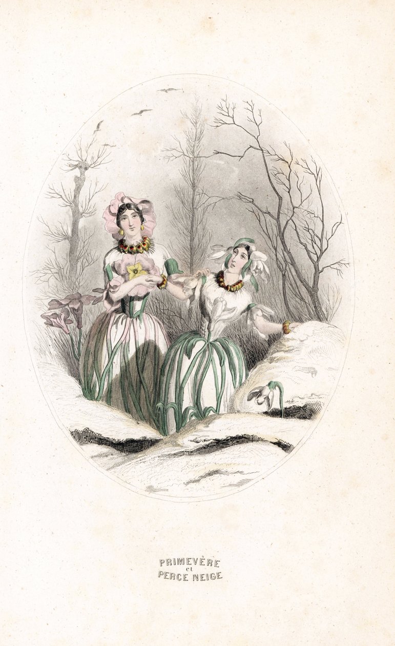 Palkkiot lävistävät lumen ja primevere lumisessa maisemassa - Eau forte, Charles Geoffroy (1819-1882), Jean Ignace Isidore Gerard dit J.J.J.J.Granvillen (1803-1847) Les fleurs animees -teokseen tekemän kuvituksen pohjalta. tekijältä Unbekannter Künstler
