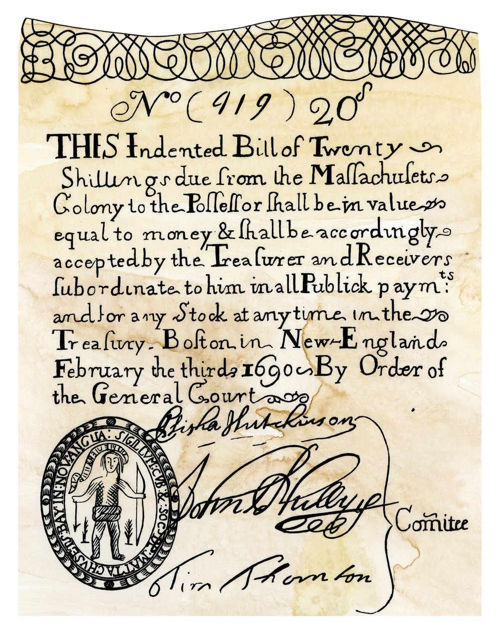 Ensimmäinen amerikkalainen 20 shillingin arvoinen seteli, jonka Bostonin siirtokunnan (Massachusett, Yhdysvallat) yleinen tuomioistuin laski liikkeeseen vuonna 1690. Kaiverrusvärit 1800-luvulla. tekijältä Unbekannter Künstler