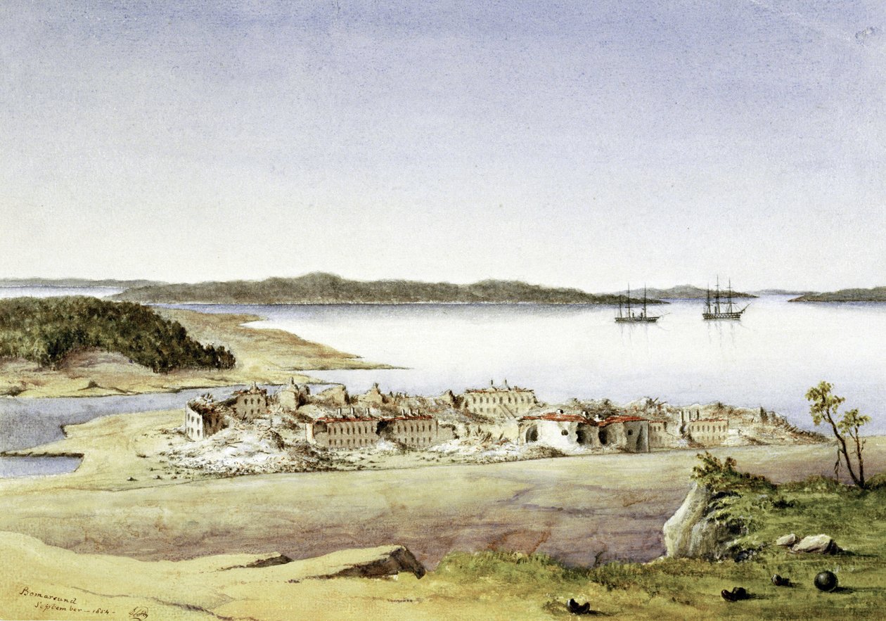 "Bomarsundin linnoitus Ahvenanmaalla (Suomessa) elokuussa 1854". tekijältä Unbekannter Künstler