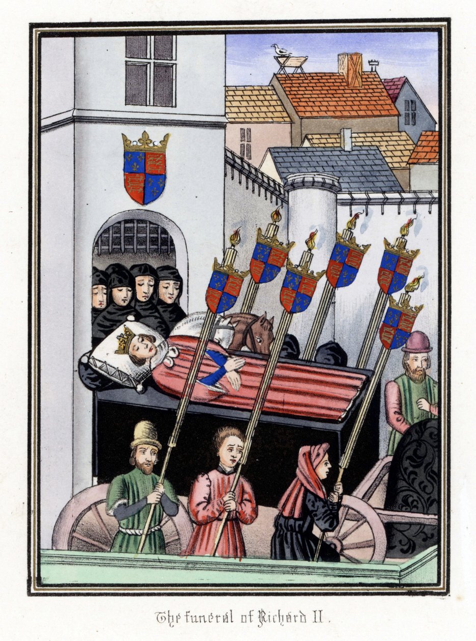 Englannin kuningas Rikhard II:n (1367-1400) hautajaissaattue lähdössä Pontefractin linnasta kohti Lontoon Pyhän Paavalin katedraalia (Englanti). tekijältä Unbekannter Künstler