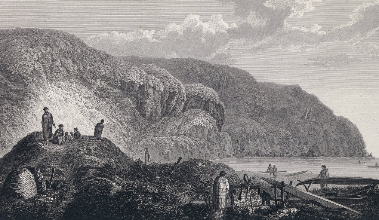 Oonalashkan (tai Unalaskan, Alaska, Yhdysvallat) asukkaat ja heidän kotinsa. Kaiverrus 1700-luvun lopulla John Webberin (1751-1793) mukaan. tekijältä Unbekannter Künstler