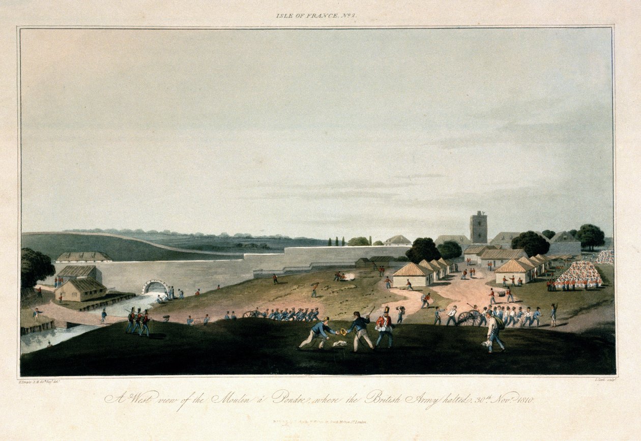 Île de France (Mauritius), länsinäköala Pondren myllystä, jonne brittiarmeija jäi 30. marraskuuta 1810. Etsaus väreillä tekijältä Unbekannter Künstler